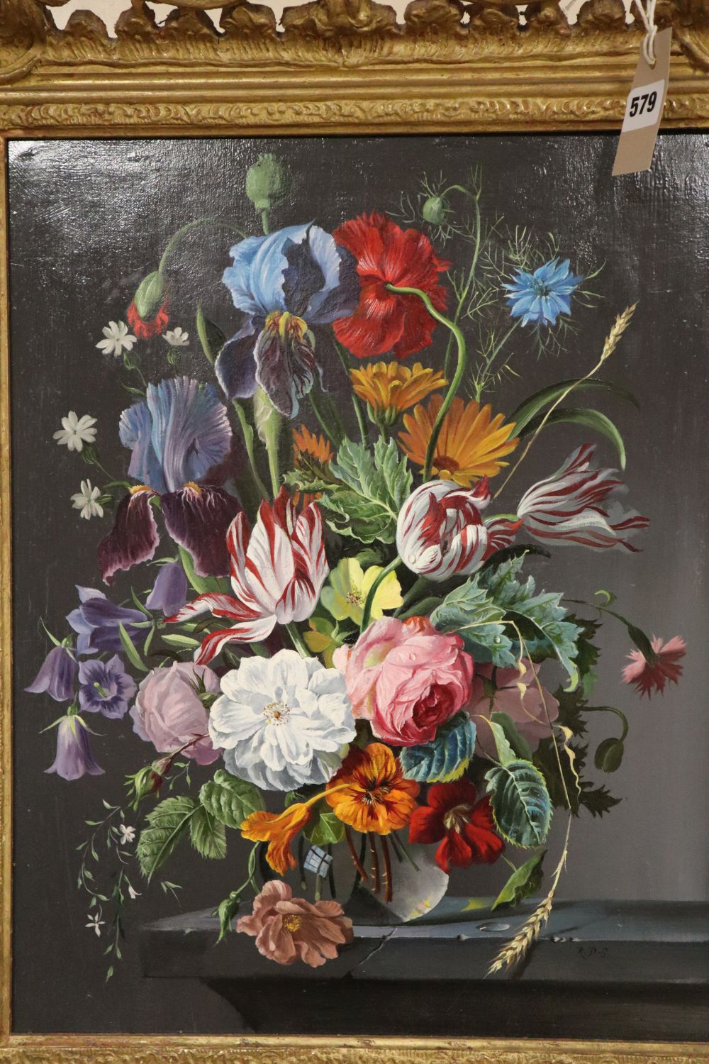 Robert Dumont-Smith (1908-199), Flower Piece, dated 1974, oil on canvas, carved giltwood frame, 50 x 40cm